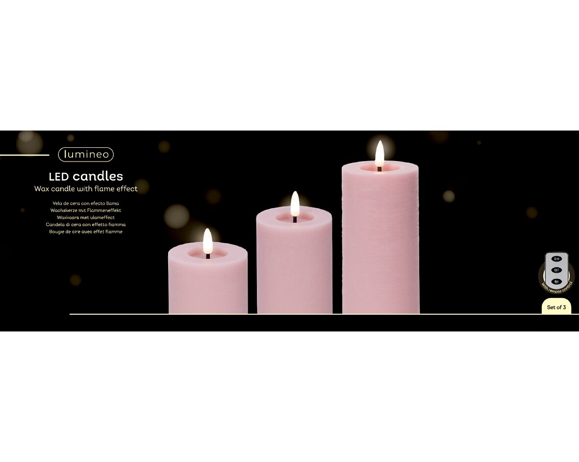 Drei rosa LED-Kerzen aus Wachs mit Flammeneffekt, frontal betrachtet, inklusive Fernbedienung, Set aus 3.