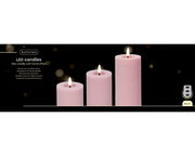 Drei rosa LED-Kerzen aus Wachs mit Flammeneffekt, frontal betrachtet, inklusive Fernbedienung, Set aus 3.
