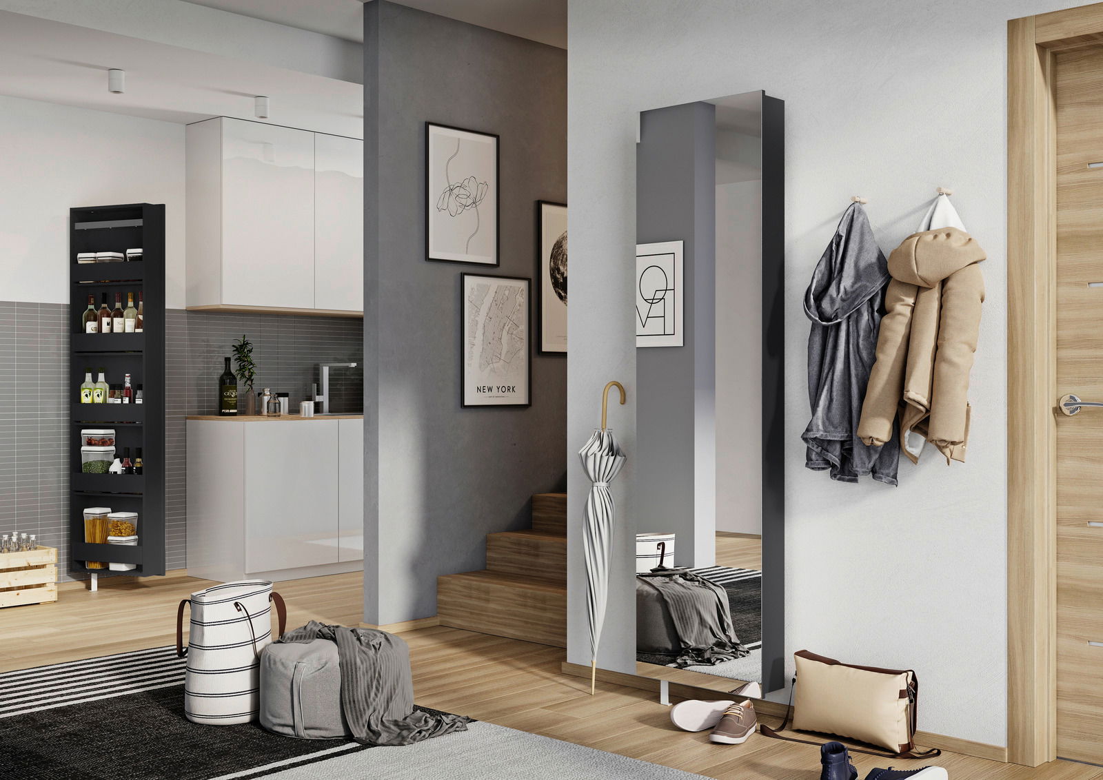 Moderner Drehschuhschrank in einem stilvollen Flur, mit Spiegel und Garderobe, aus der Perspektive des Eingangsbereichs.