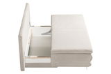 Querschläfer-Sofa in hellem Stoff, seitliche Perspektive mit geöffneter Stauraumfunktion
