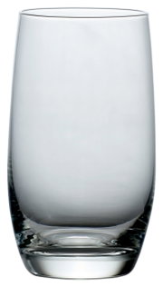 Ein elegantes, klares Trinkglas in Tulpenform, frontal fotografiert.