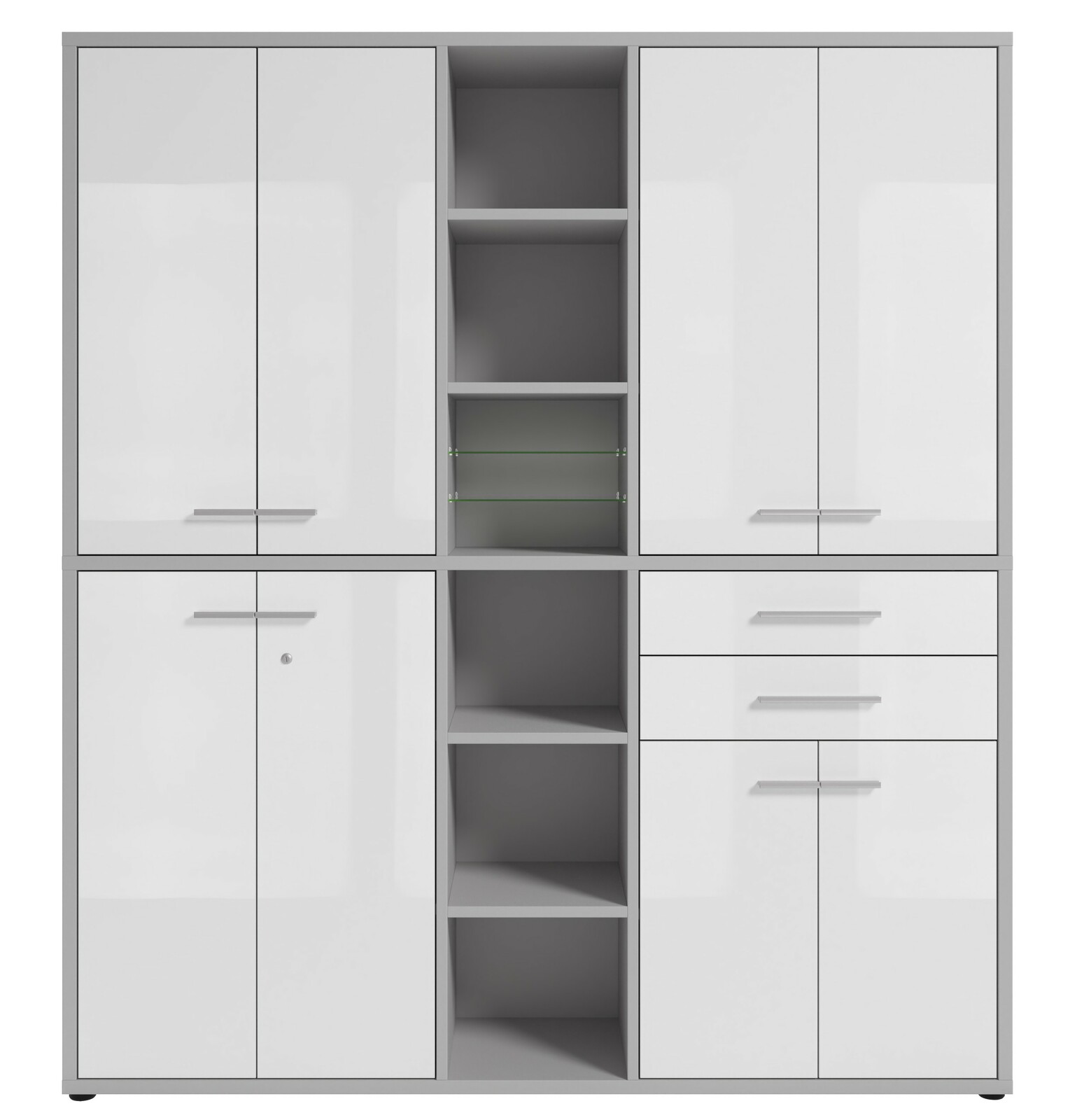 Hochglänzender weißer Aktenschrank mit mehreren Türen und offenen Regalfächern, Frontalansicht