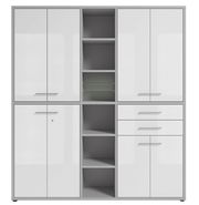 Hochglänzender weißer Aktenschrank mit mehreren Türen und offenen Regalfächern, Frontalansicht