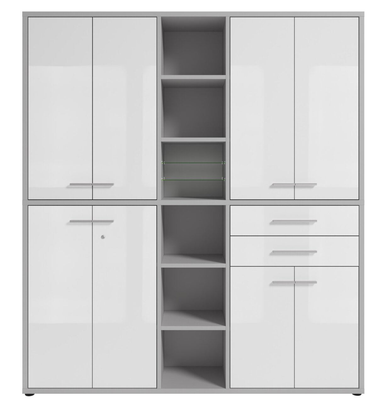 Hochglänzender weißer Aktenschrank mit mehreren Türen und offenen Regalfächern, Frontalansicht