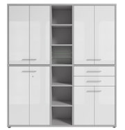 Hochglänzender weißer Aktenschrank mit mehreren Türen und offenen Regalfächern, Frontalansicht