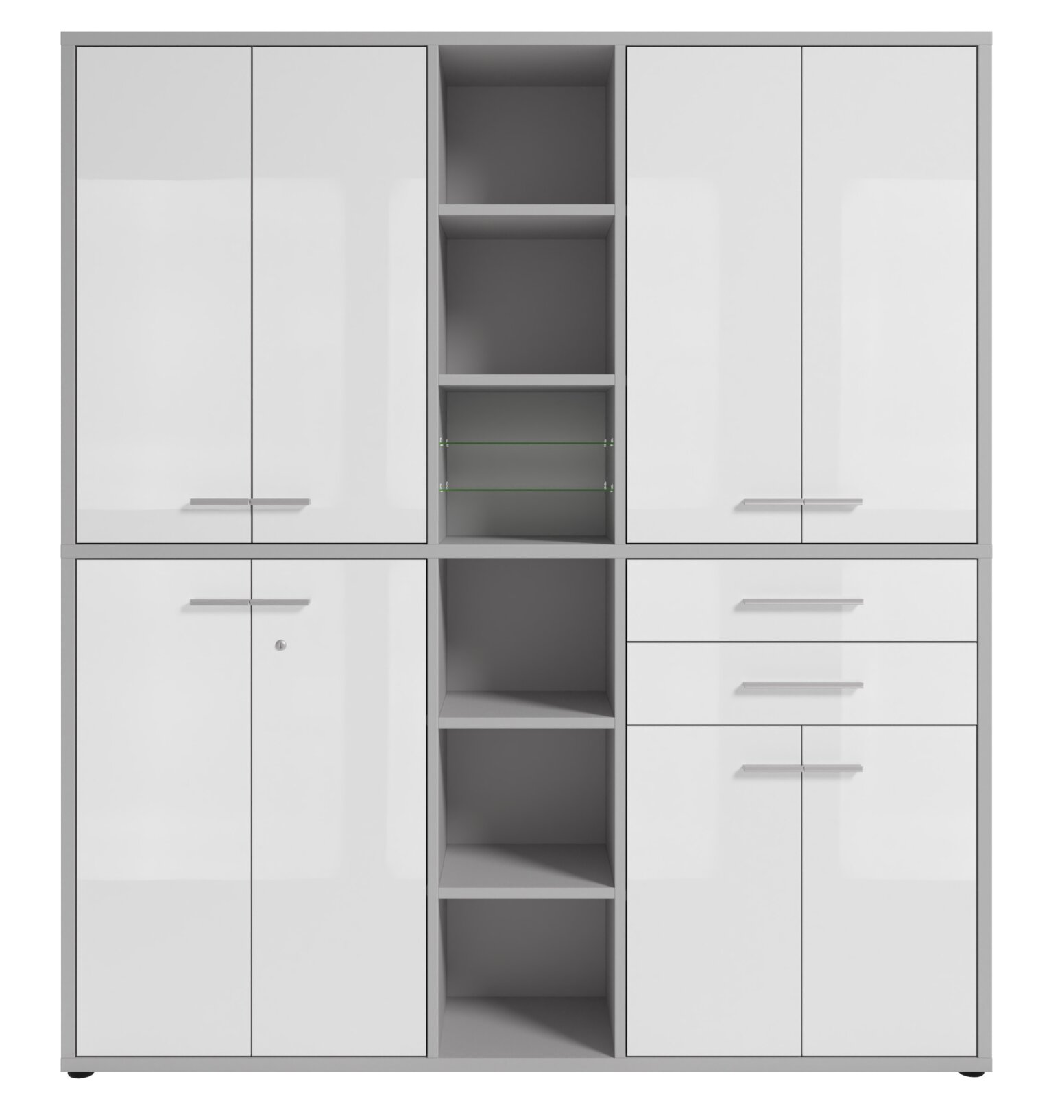 Hochglänzender weißer Aktenschrank mit mehreren Türen und offenen Regalfächern, Frontalansicht