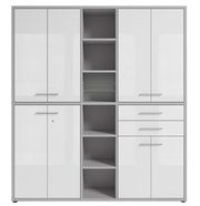 Hochglänzender weißer Aktenschrank mit mehreren Türen und offenen Regalfächern, Frontalansicht