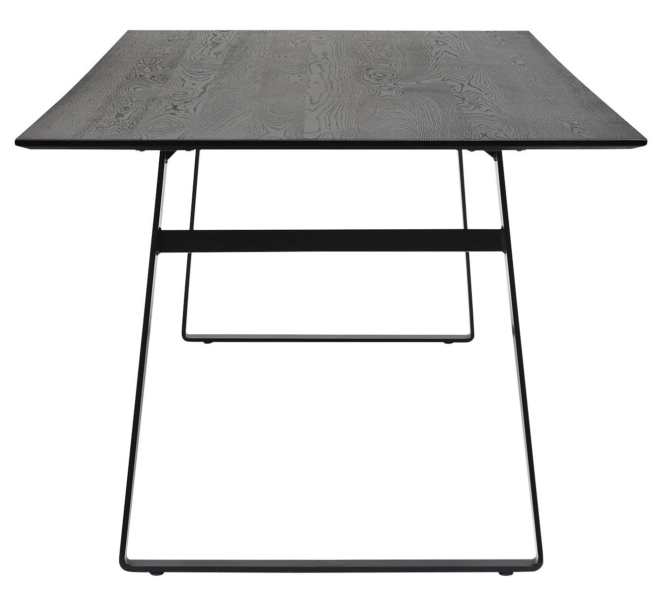 Moderner Esstisch mit schwarzer Holzoberfläche und schlankem Metallgestell, Frontalansicht