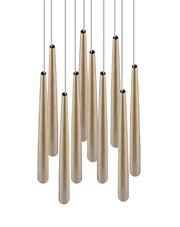 Mehrere goldene, konische Pendelleuchten von oben betrachtet, elegant und modern angeordnet.