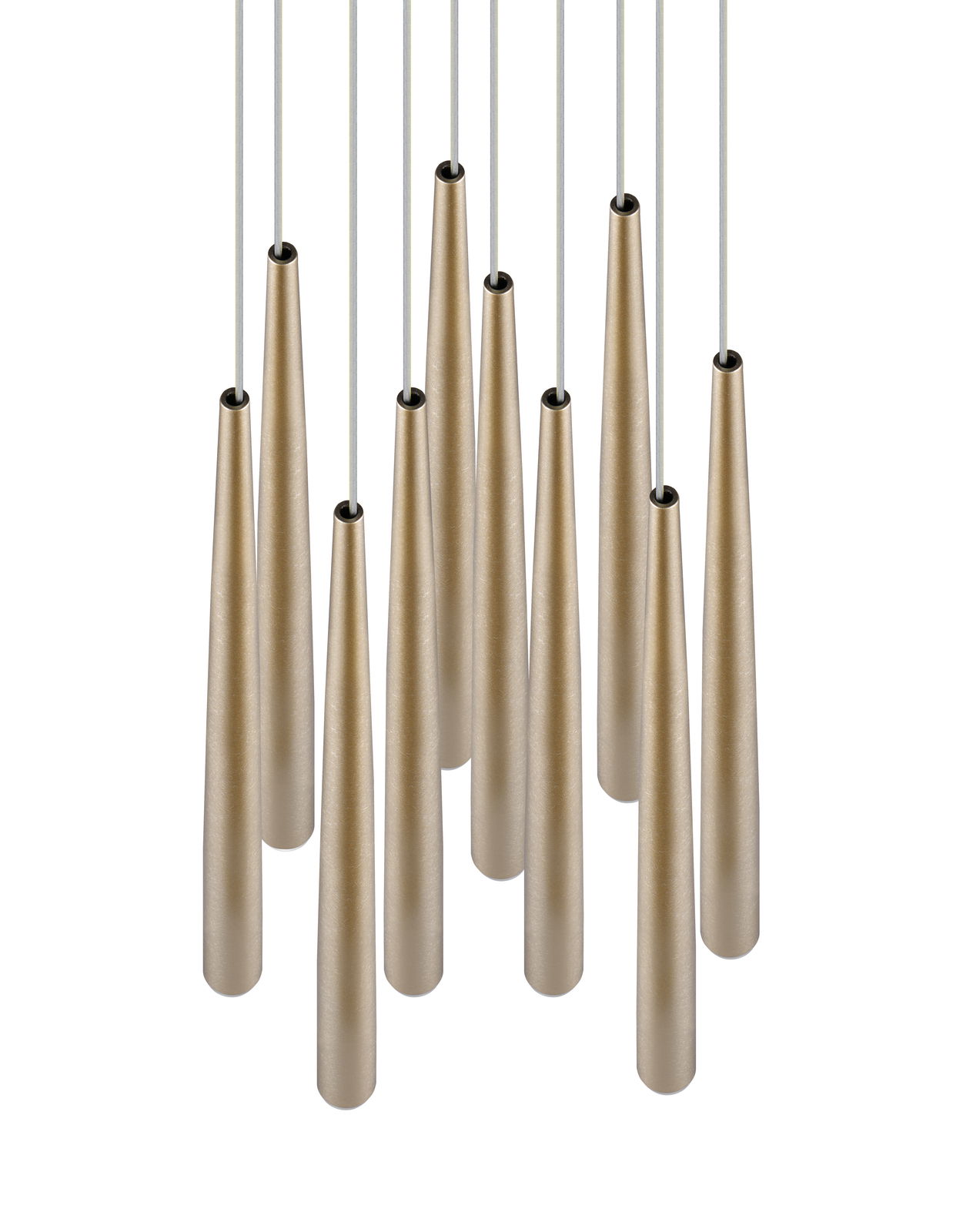 Mehrere goldene, konische Pendelleuchten von oben betrachtet, elegant und modern angeordnet.