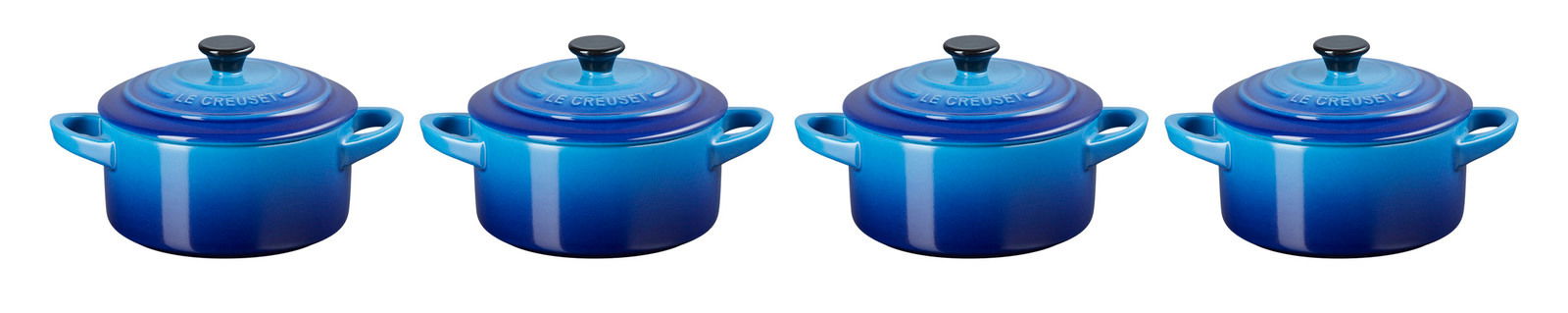 Vierer-Set Mini Cocotte in Azurblau, frontal abgebildet.