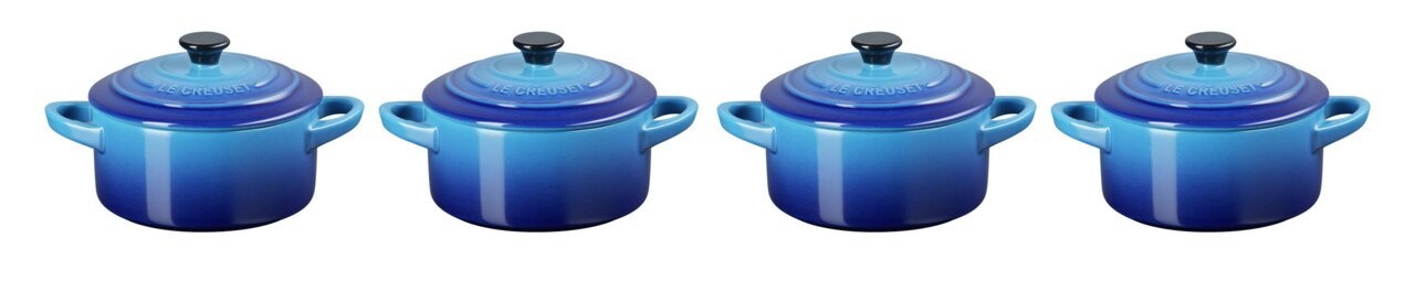 Vierer-Set Mini Cocotte in Azurblau, frontal abgebildet.