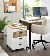 Moderner Rollcontainer mit Holz- und Weiß-Design, seitliche Perspektive, neben einem Schreibtisch in einem Büro.