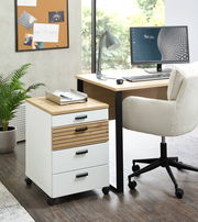 Moderner Rollcontainer mit Holz- und Weiß-Design, seitliche Perspektive, neben einem Schreibtisch in einem Büro.