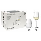 Weißweinset Sternschliff 12er von Ritzenhoff, bestehend aus sechs Weißweingläsern und sechs Wassergläsern, seitliche Perspektive auf die Verpackung und die Gläser.