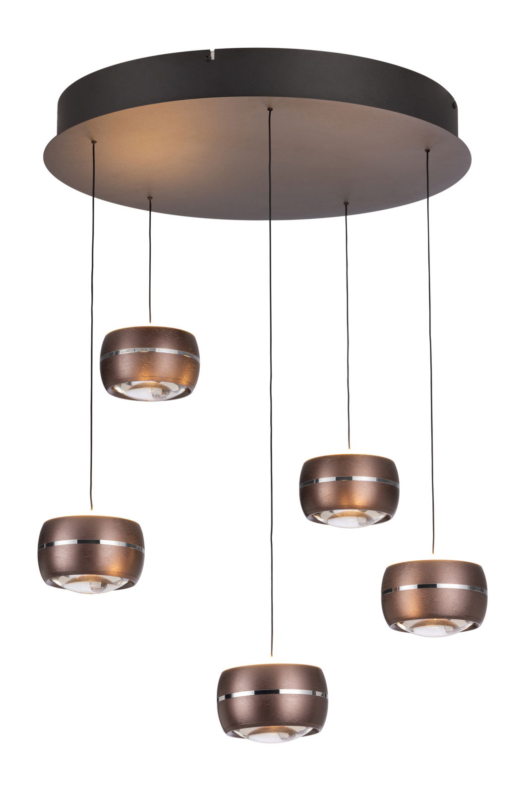 Moderne LED-Hängeleuchte mit fünf hängenden, runden Leuchtkörpern in einer dunklen Metalloptik, von unten betrachtet.