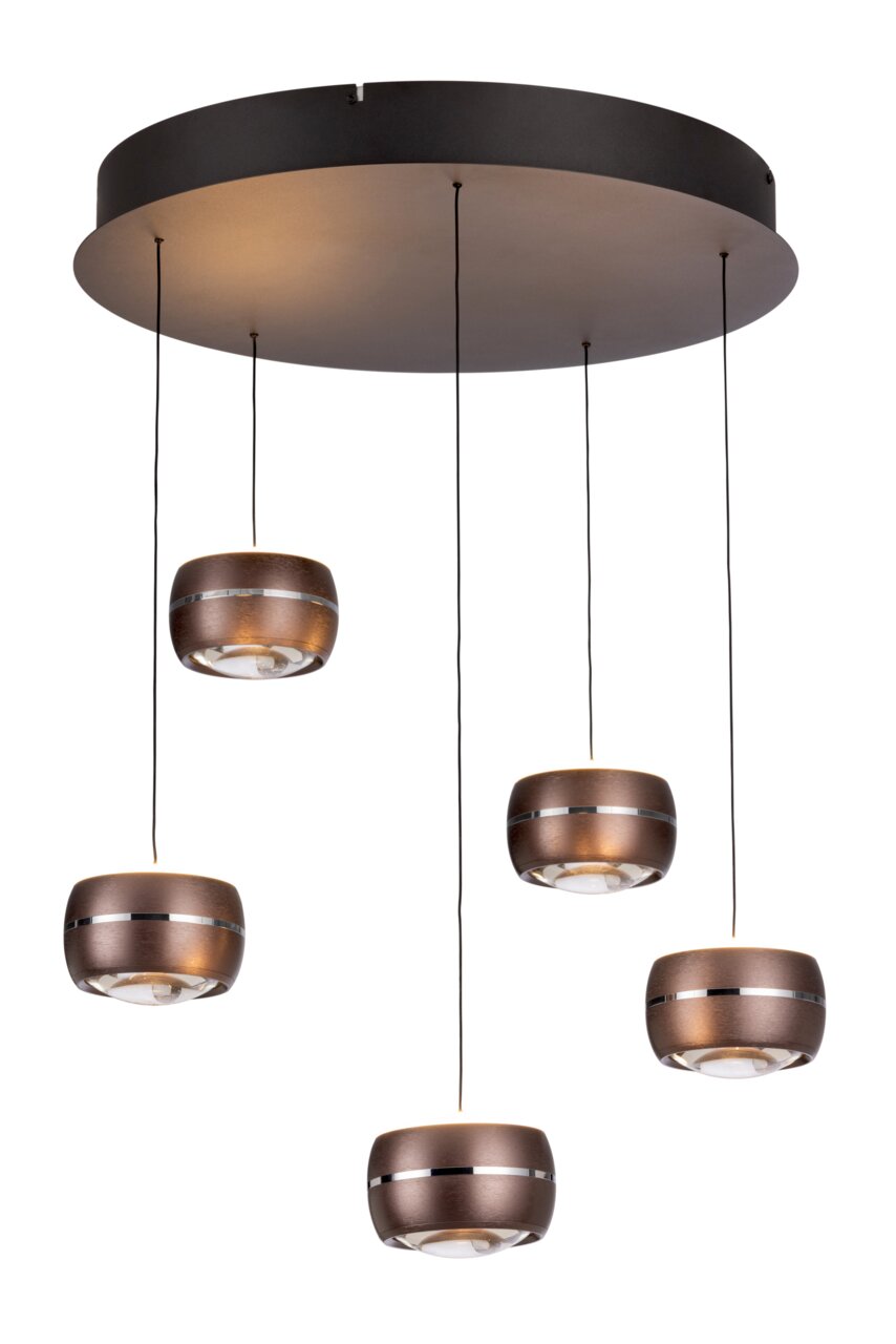 Moderne LED-Hängeleuchte mit fünf hängenden, runden Leuchtkörpern in einer dunklen Metalloptik, von unten betrachtet.