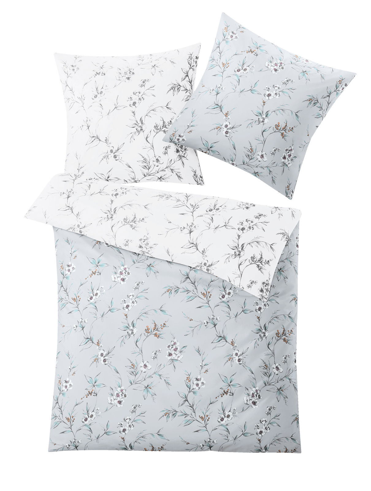 Bettwäsche-Set mit floralem Muster in Weiß und Hellblau, Draufsicht