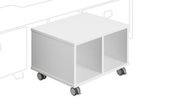 Weiße Rollbox mit zwei offenen Fächern und vier Rollen, seitliche Perspektive.