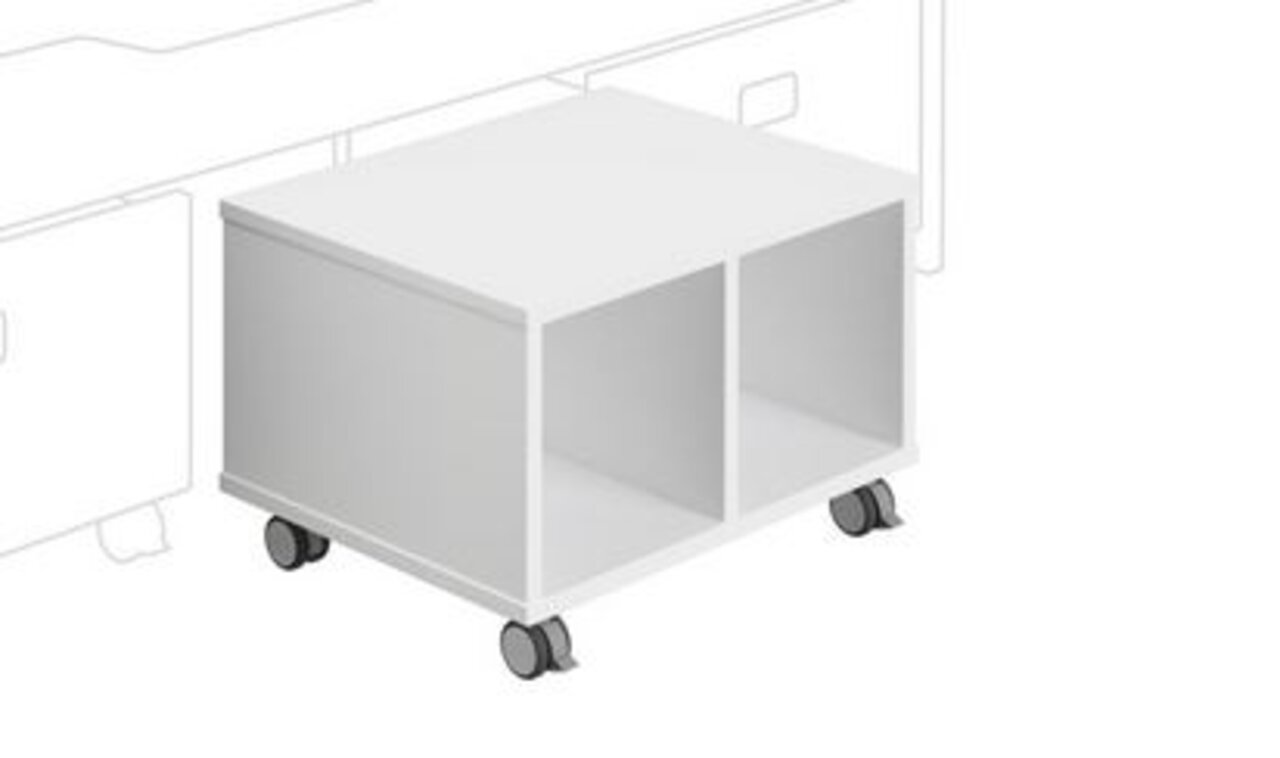 Paidi Rollbox TINY-HOUSE Weiße Rollbox mit zwei offenen Fächern und vier Rollen, seitliche Perspektive.