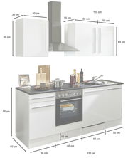 Küchenblock 220 in moderner Perspektive mit Herd, Spüle und Hängeschränken, Gesamtbreite 220 cm.