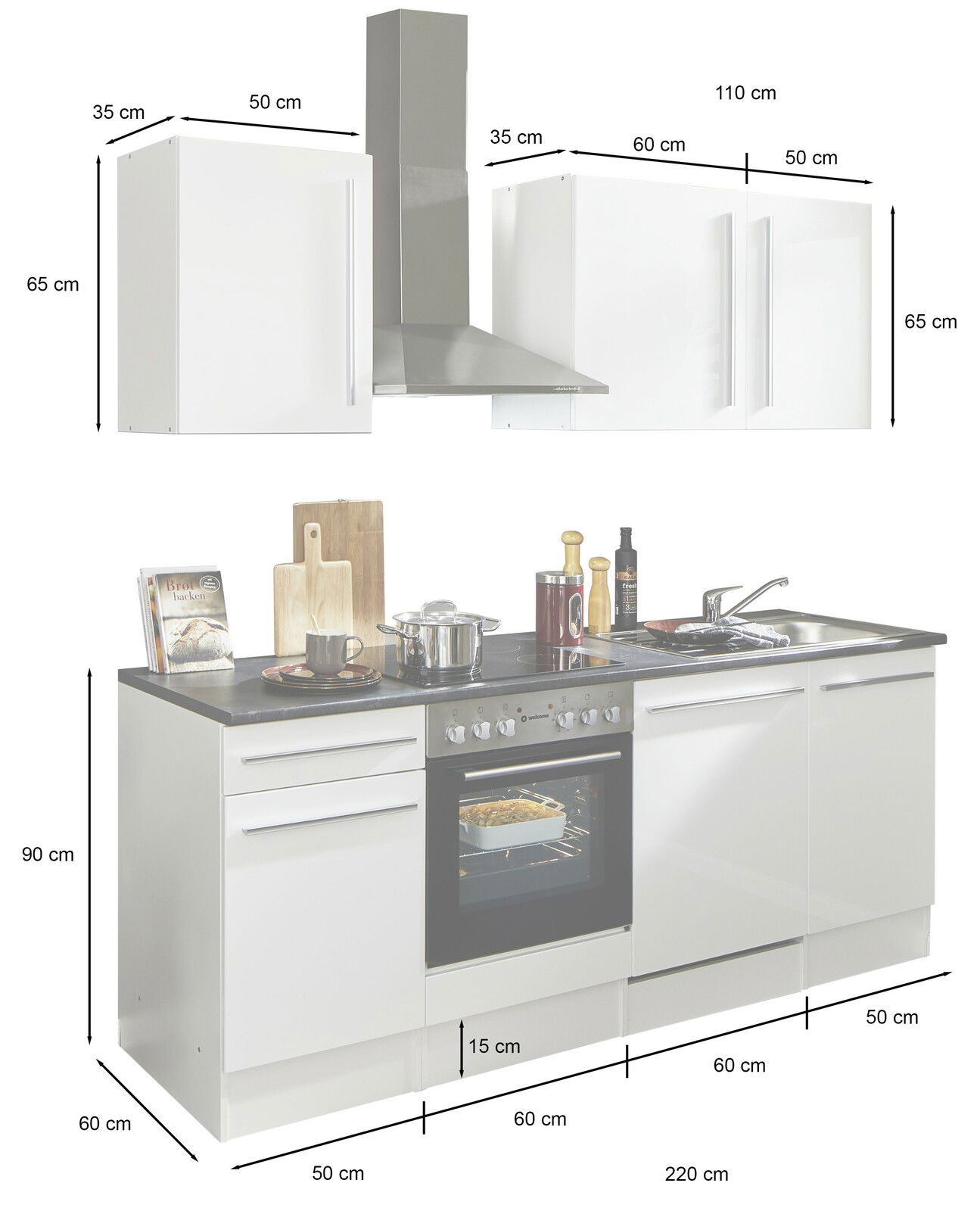 Küchenblock 220 in moderner Perspektive mit Herd, Spüle und Hängeschränken, Gesamtbreite 220 cm.