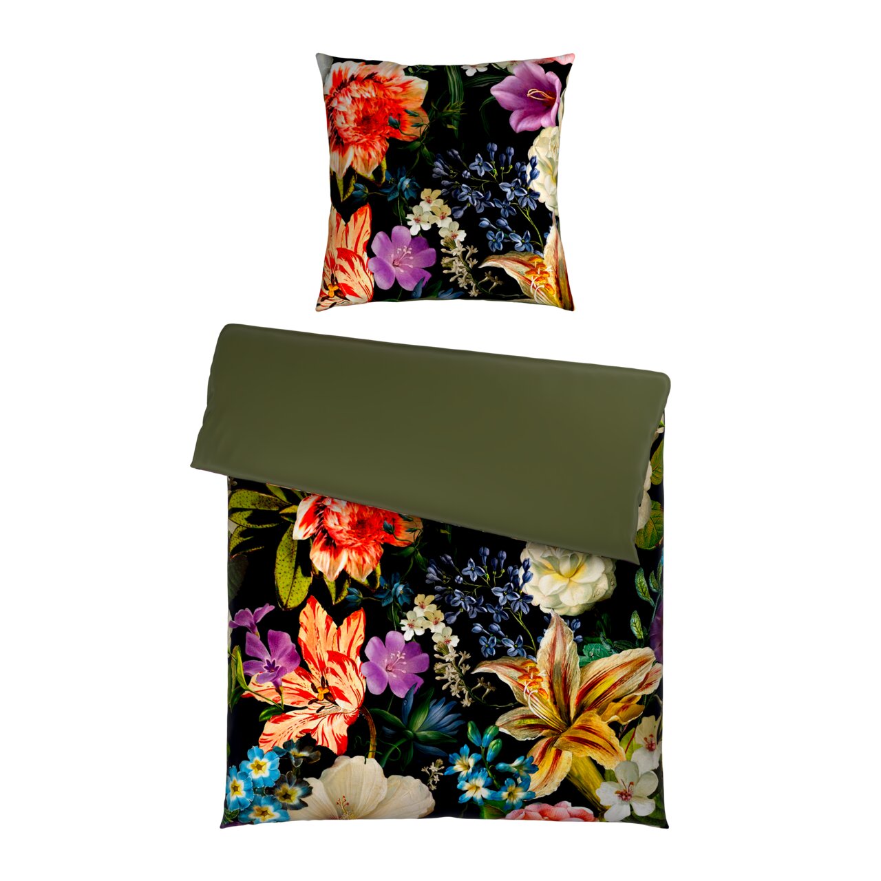 Wendebettwäsche mit floralem Muster in kräftigen Farben, Draufsicht