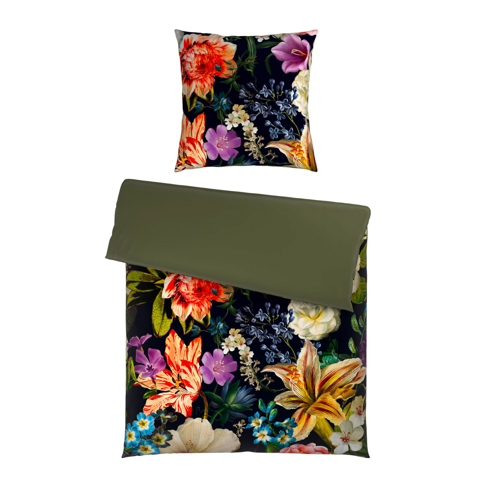 Wendebettwäsche mit floralem Muster in kräftigen Farben, Draufsicht