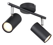 Moderner schwarzer Strahler mit zwei verstellbaren Leuchten, seitliche Perspektive