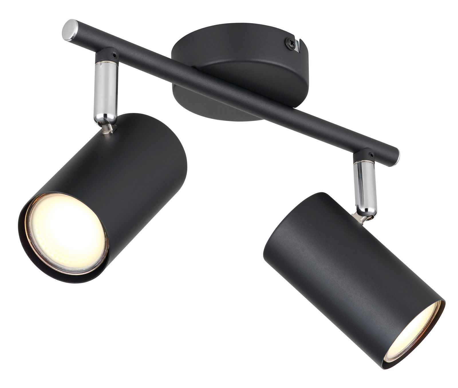 Moderner schwarzer Strahler mit zwei verstellbaren Leuchten, seitliche Perspektive