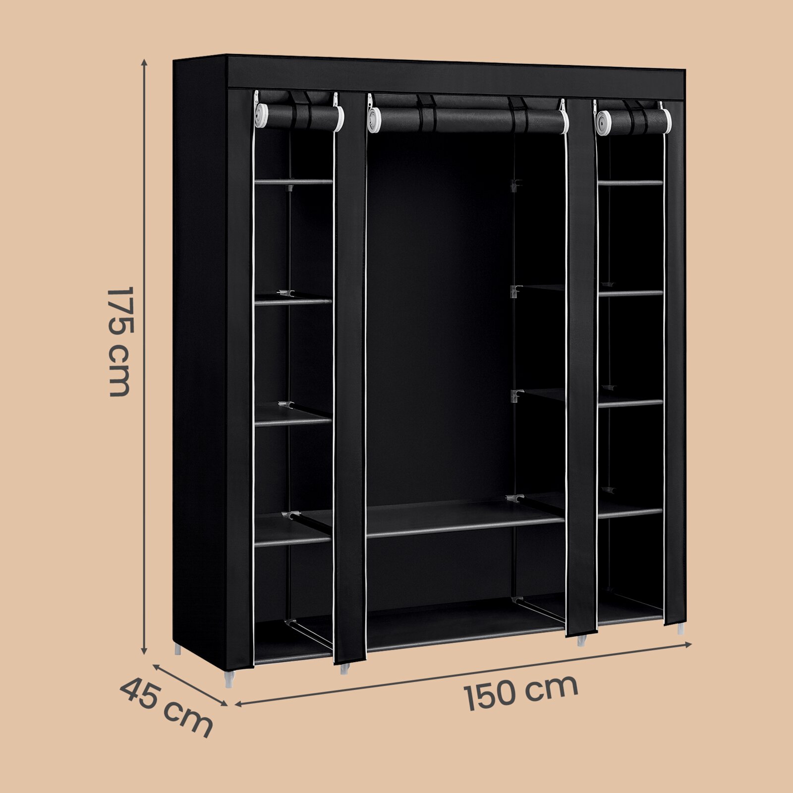 Schwarzer Stoff-Kleiderschrank mit Stoffrolltüren und mehreren Ablagefächern, Maße ca. 150 x 45 x 175 cm, Ansicht schräg von vorne (Front-/Seitenperspektive).