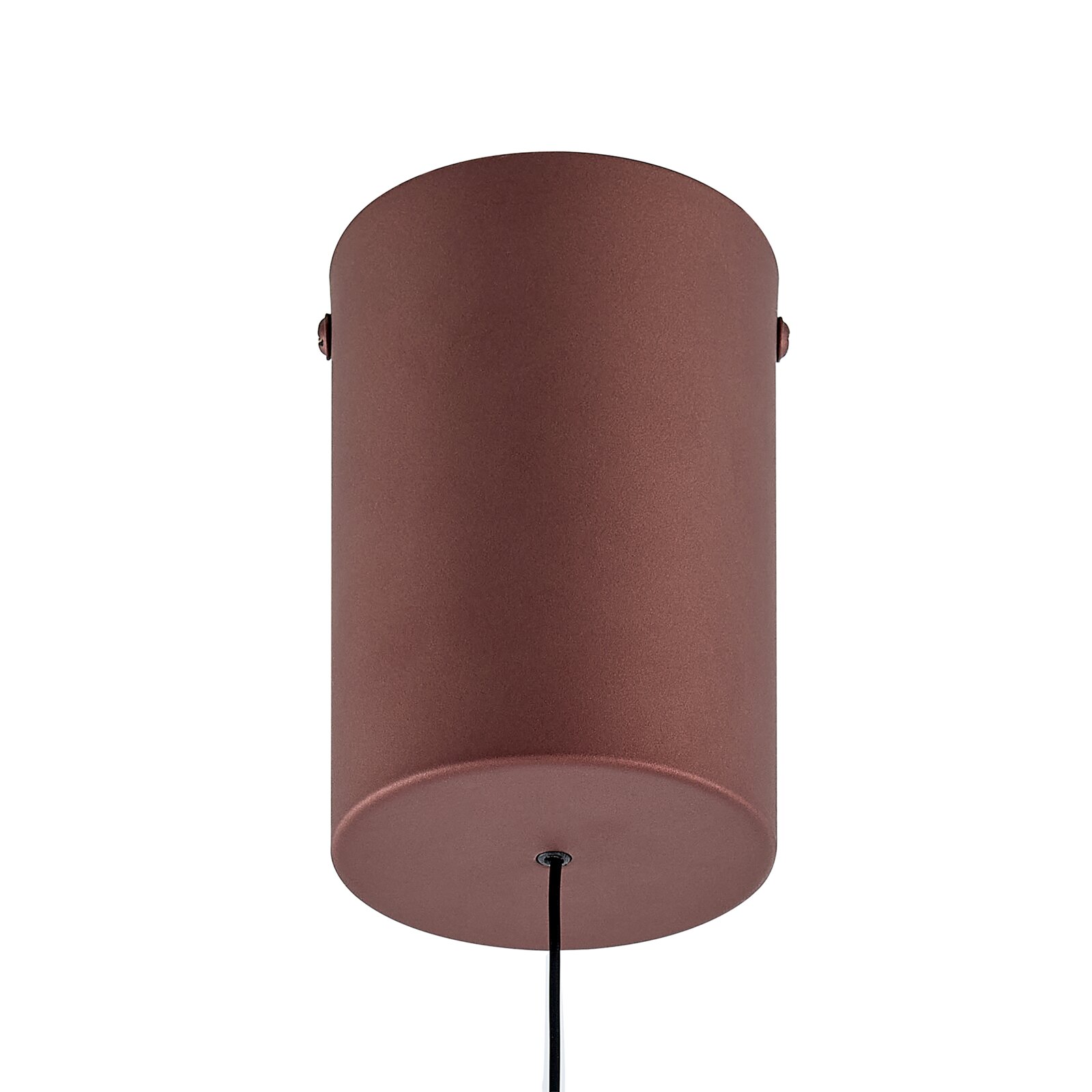Zylindrische Pendelleuchte aus Metall in Kupfer-/Roségold-Optik mit schwarzem Kabel, frontal von unten fotografiert