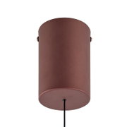 Zylindrische Pendelleuchte aus Metall in Kupfer-/Roségold-Optik mit schwarzem Kabel, frontal von unten fotografiert