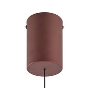 Zylindrische Pendelleuchte aus Metall in Kupfer-/Roségold-Optik mit schwarzem Kabel, frontal von unten fotografiert
