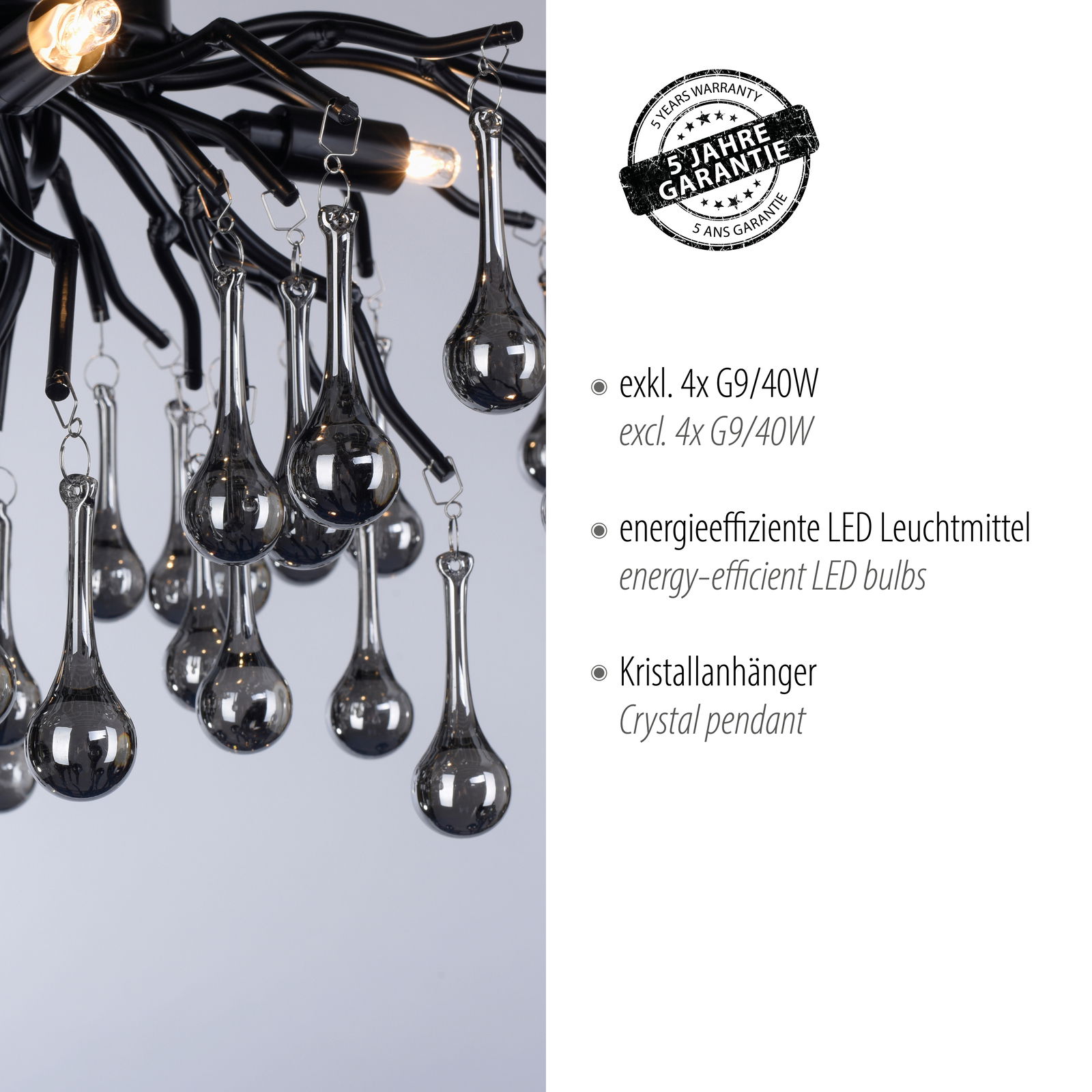 Nahaufnahme der Deckenleuchte ICICLE mit Kristallanhängern und schwarzem Gestell, seitliche Perspektive.