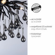 Nahaufnahme der Deckenleuchte ICICLE mit Kristallanhängern und schwarzem Gestell, seitliche Perspektive.