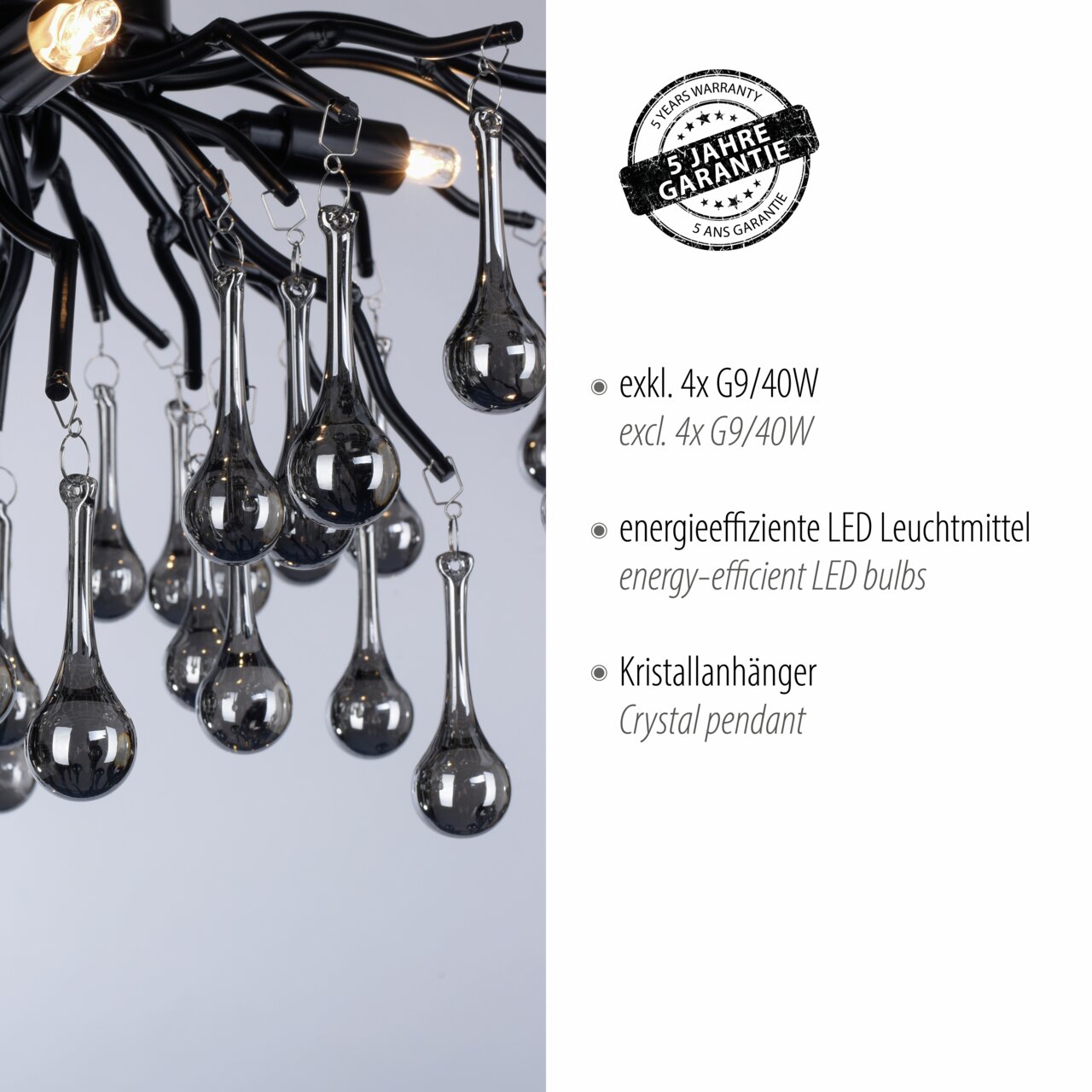 Nahaufnahme der Deckenleuchte ICICLE mit Kristallanhängern und schwarzem Gestell, seitliche Perspektive.