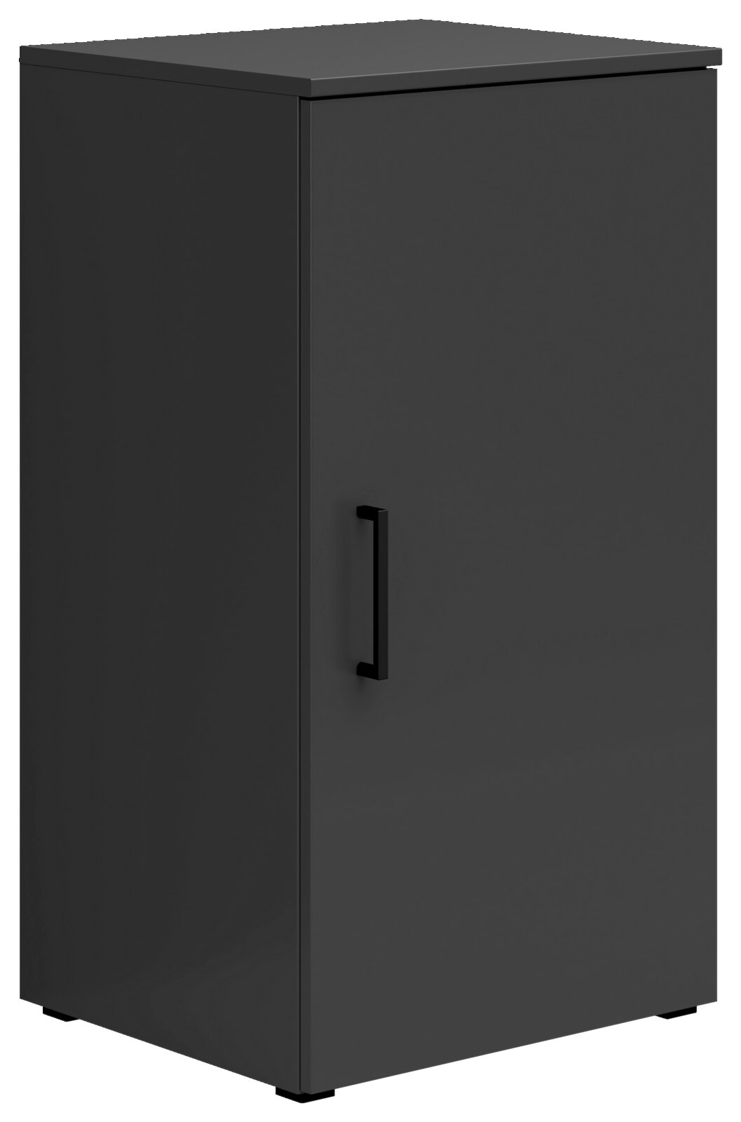Carryhome Ladekast MULTISTAURAUM Schwarze, moderne Kommode mit einer Tür und einem Griff, seitliche Perspektive