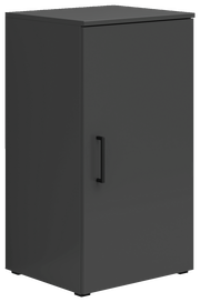 Schwarze, moderne Kommode mit einer Tür und einem Griff, seitliche Perspektive