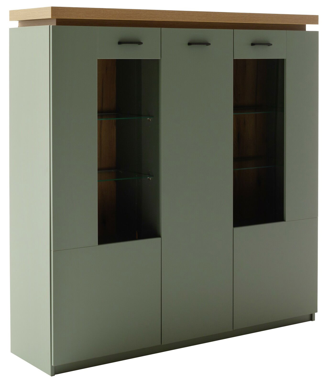 Z2 Hoog dressoir MONIZ Modernes Highboard Z2 MONIZ in grauer Farbe mit Holzoberfläche, zwei Glastüren und seitlicher Perspektive.