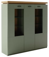 Modernes Highboard Z2 MONIZ in grauer Farbe mit Holzoberfläche, zwei Glastüren und seitlicher Perspektive.