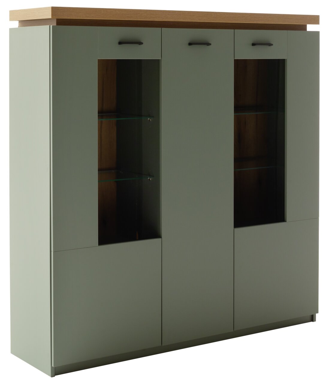 Z2 Hoog dressoir MONIZ Modern hoogkast Z2 MONIZ in grijze kleur met houten afwerking, twee glazen deuren en zijaanzicht.