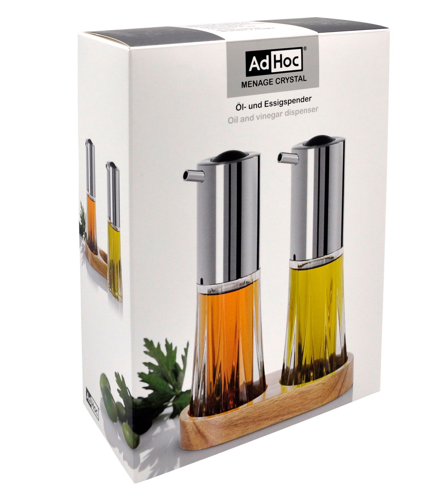Ad Hoc Menage Essig & Öl CRYSTAL Verpackung des Menage Crystal Öl- und Essigspenders von AdHoc, Vorderansicht mit zwei Spendern in einem Holzständer.