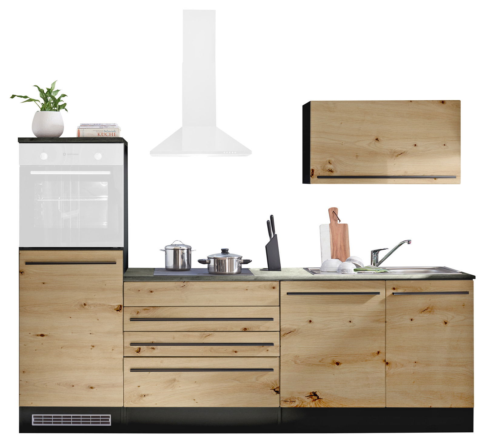 Yourkitchen Küchenblock 260 OHNE E-Geräte JAZZ Küchenblock in Holzoptik mit Schränken, Schubladen und Spüle, frontal abgebildet.