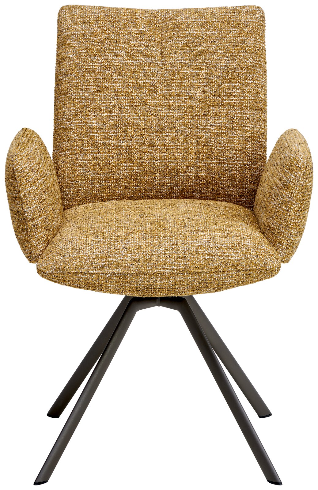 Frontansicht eines modernen Armlehnstuhls mit gelbem Stoffbezug und schwarzen Metallbeinen.