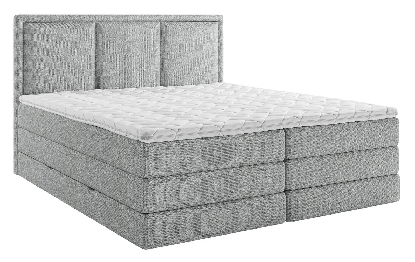 Graues Boxspringbett mit gestepptem Topper, seitliche Perspektive