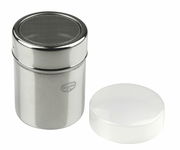 Metallischer Siebstreuer mit abnehmbarem Deckel, seitliche Perspektive