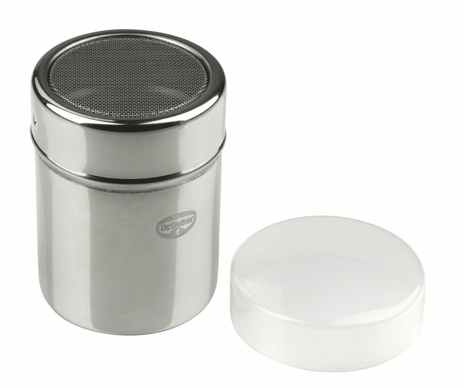 Metallischer Siebstreuer mit abnehmbarem Deckel, seitliche Perspektive