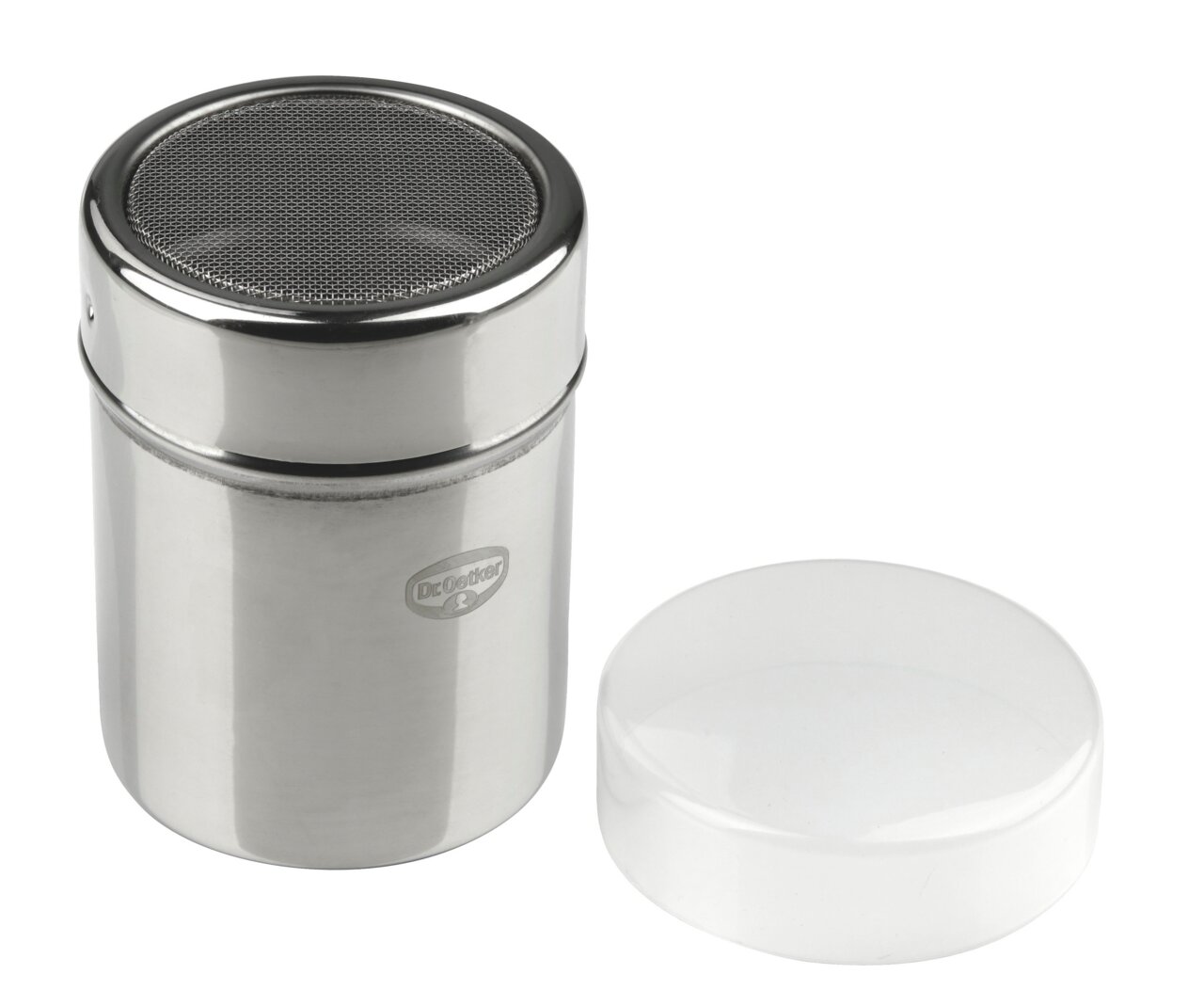 Metallischer Siebstreuer mit abnehmbarem Deckel, seitliche Perspektive