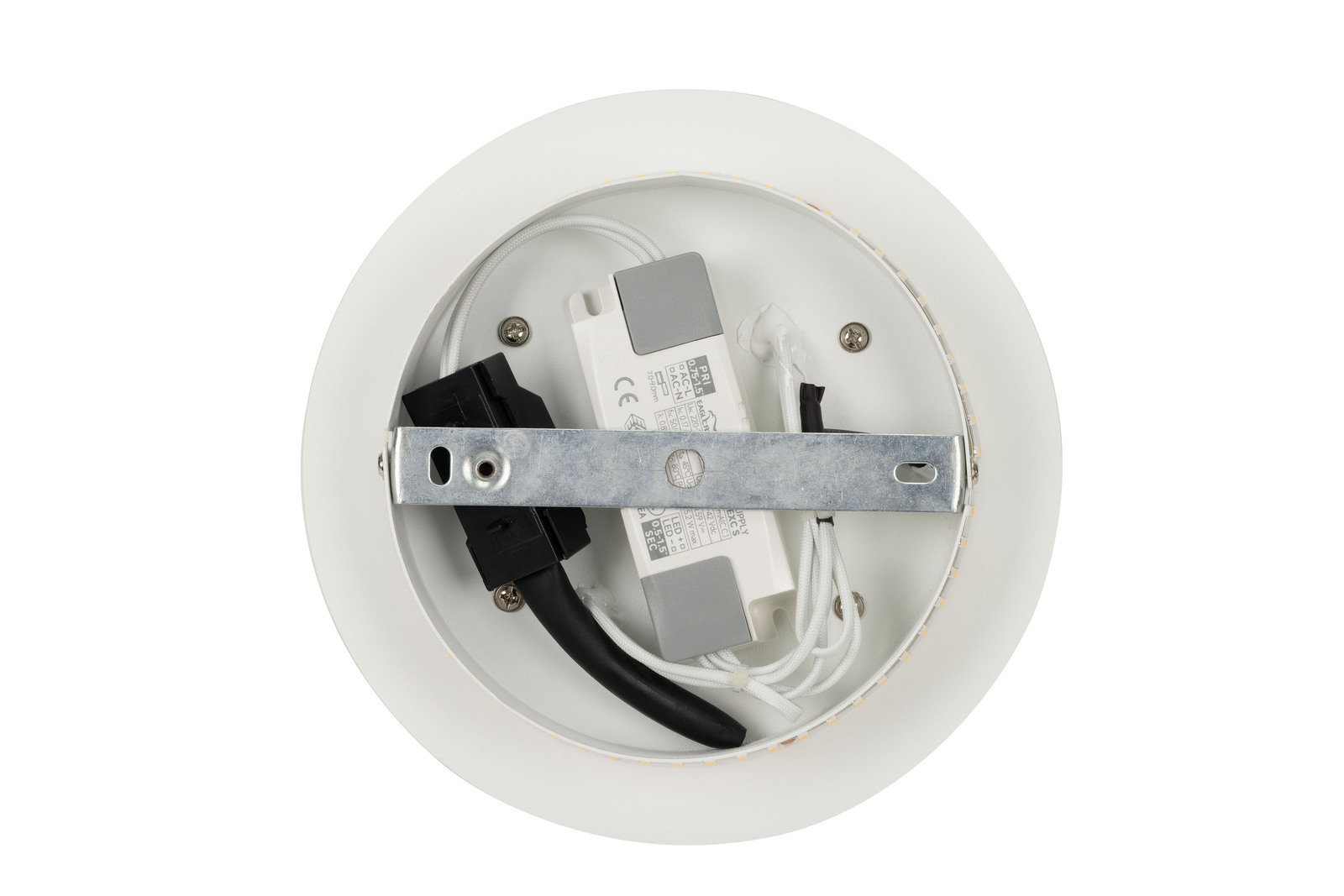 Rückansicht einer runden LED-Deckenleuchte mit sichtbarer Verkabelung und Montagehalterung.